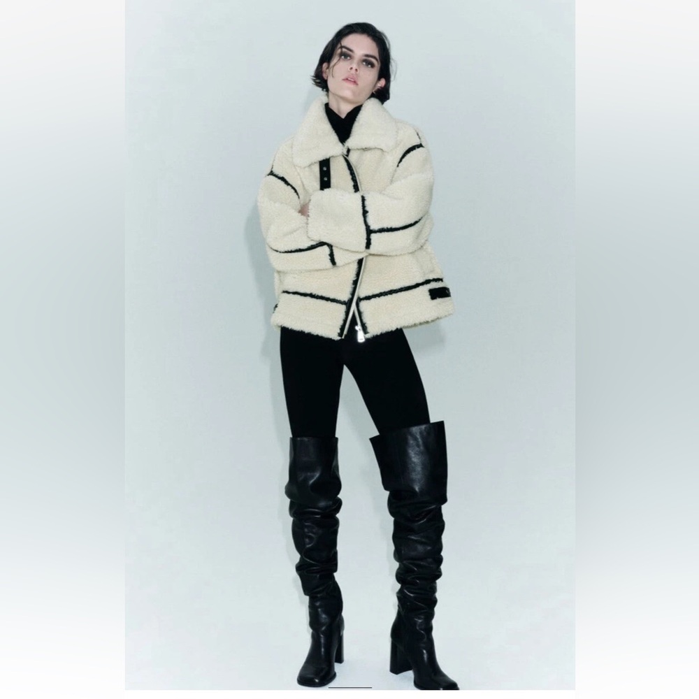 Zara Faux Cream Shearling Biker Jacket (Size Small) - Picture 3 of 8